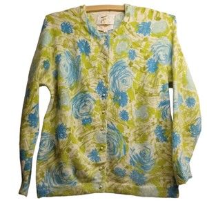 VINTAGE 50S TAMI ORIGINAL, ANGORA SCREEN-PRINTED CARDIGAN, PEARL BUTTONS, SMALL